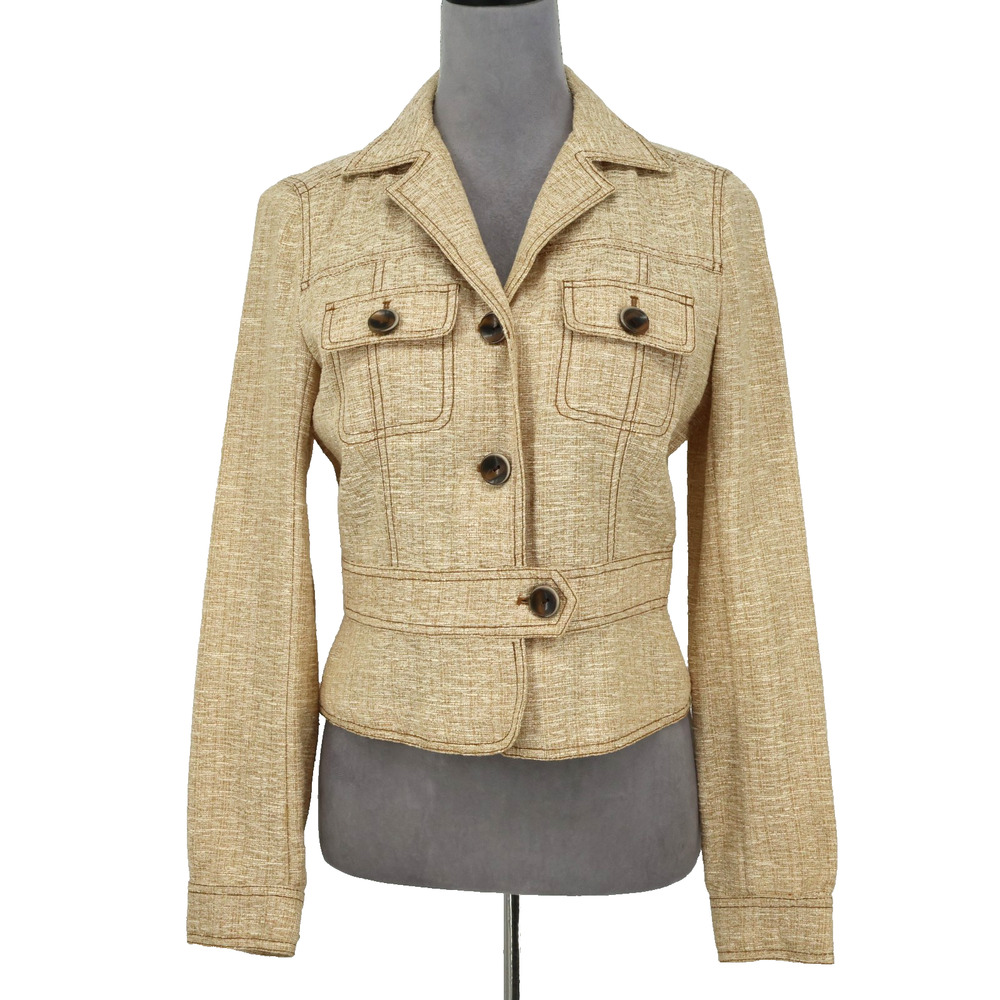 Bebe Jacket Womens 8 Beige Crop Fitted Blazer Woven Vintage Career Preppy